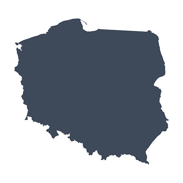 A graphic illustrated vector image showing the outline of the country Poland. The outline of the country is filled with a dark navy blue colour and is on a plain white background. The border of the country is a detailed path.