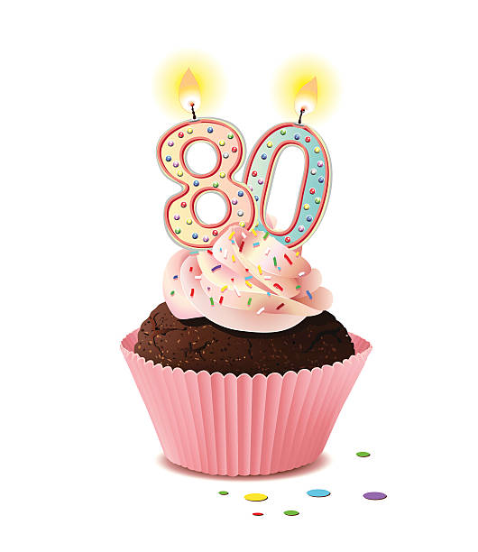 ilustraciones, imágenes clip art, dibujos animados e iconos de stock de magdalena con glaseado de cumpleaños con velas número 80 - 80 89 años