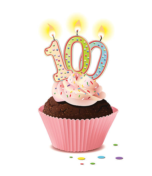 urodziny ciastko z świeca numer 100, - birthday cupcake cake candy stock illustrations