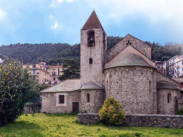 Noli in the province of Savona, Liguria. Church of San Paragorio di Noli, in the province of Savona, Liguria in Lombard Romanesque style of the eleventh century. province of savona stock pictures, royalty-free photos & images