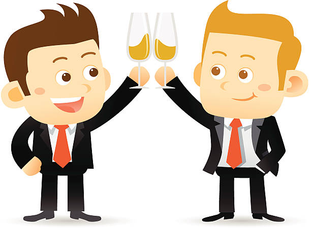 illustrazioni stock, clip art, cartoni animati e icone di tendenza di businessmanclink due bicchieri di champagne per festeggiare un successo partnership - party business toast champagne