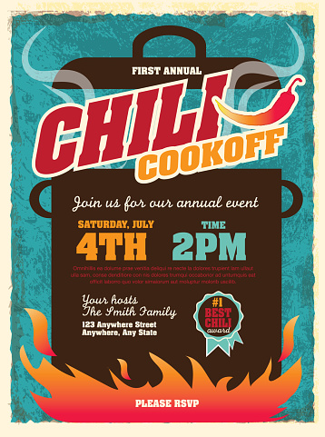 Vector illustration of a Chili Cookoff invitation design template. Bright and colorful. Includes yellow, turquoise color themes with large crock pot on flames. Textured background Perfect for white background design for picnic invitation design template, summer barbecue event, picnic celebration, backyard bbq, private or corporate party, birthday party, fun family event gathering, potluck supper.