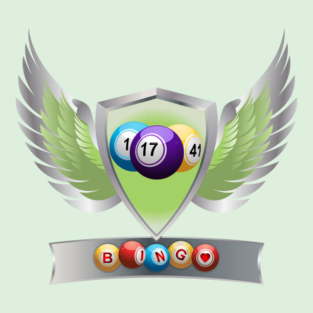 Bingo balls on a shield and banner Bingo Balls on a Shield with Wings and Banner Background bingo wings stock illustrations