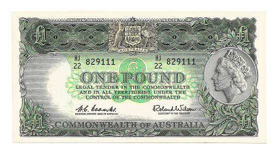 Sydney, Australia - April 16, 2015: An obsolete one Australian pound note. No longer in circulation, this version was issued from 1961-66. Portrait of Queen Elizabeth II on the right.