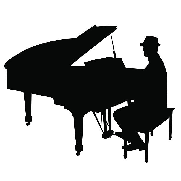 Piano Man A black silhouette of a man sitting at a grand piano. He is wearing a hat like a jazz musician pianist stock illustrations