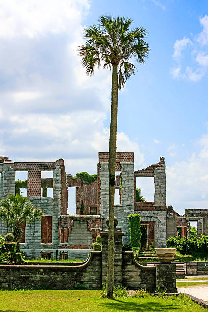Ruins of Dungeness Mansion, Cumberland Island, GA Cumberland Island, GA, USA - April 28, 2014: Palm trees and lawns around the ruins of Dungeness Mansion. Built in 1884 by Thomas M. Carnegie. The 59-room Queen Anne style mansion and grounds were completed after Carnegie's death in 1886 cumberland island georgia photos stock pictures, royalty-free photos & images