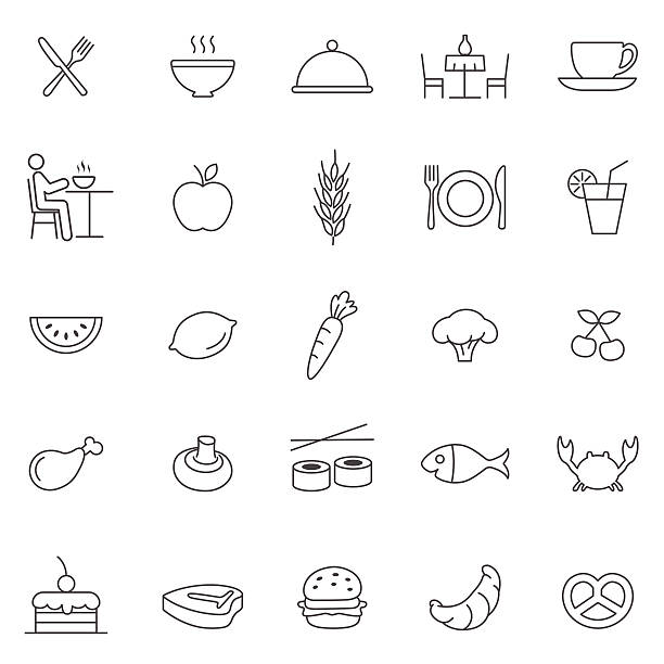 jedzenie linia ikon set.vector - spoon vegetable fork plate stock illustrations
