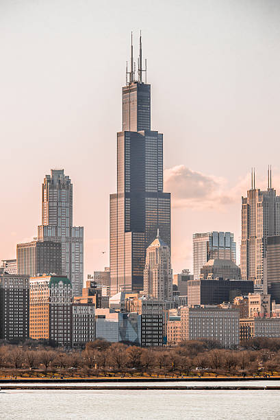 vista da cidade de chicago vertical - lake michigan sun sunlight nature imagens e fotografias de stock