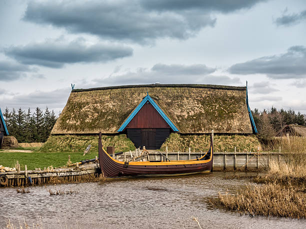 Viking harbor with longboats in Bork Viking harbor with longboats in Bork, Denmark viking ship photos stock pictures, royalty-free photos & images