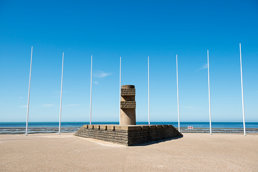 A memorial stands beside the sea at Juno Beach, commemorating the D-Day landings on 6 June 1944 in Normandy, France