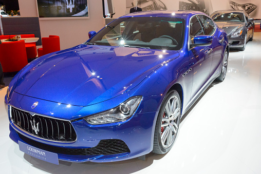 Amsterdam, The Netherlands - April 16, 2015: Maserati Ghibli luxury saloon car on display during the 2015 Amsterdam motor show. 