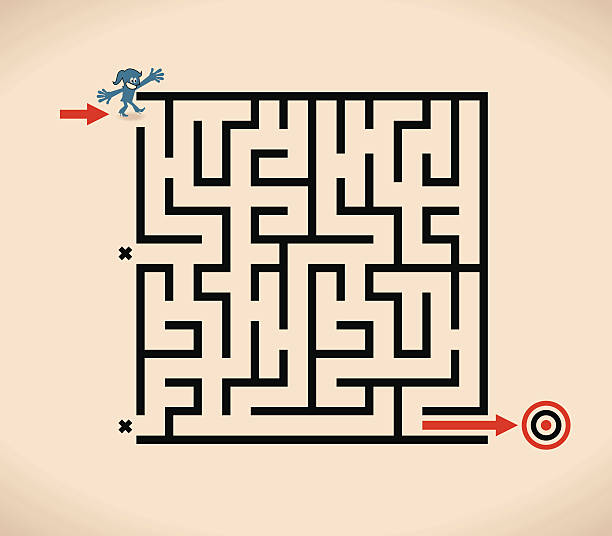 lächeln business frau (geschäftsfrau) am eingang zu "maze" - choice street beginnings road stock-grafiken, -clipart, -cartoons und -symbole