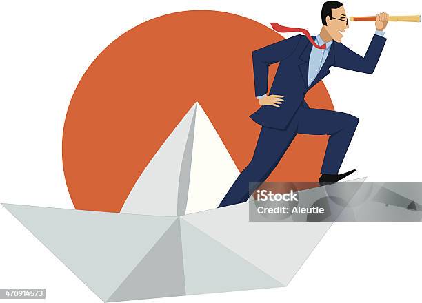 Businessman With A Spyglass On A Paper Boat Stock Illustration - Download Image Now - Activity, Adult, Business