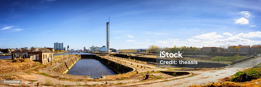 Panoramic View of the Govan Graving Docks, Glasgow A panoramic view of the three Govan Graving Docks and the ruins of the old pumping station, on the River Clyde at Govan in Glasgow. Govan Stock Photo