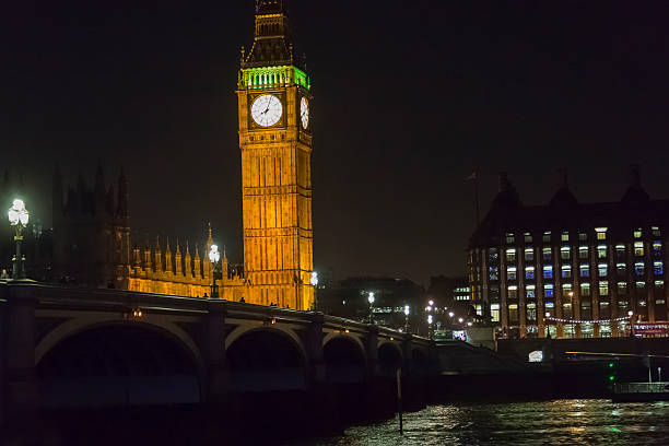 Big Ben and Westminster Bridge at night stock photo