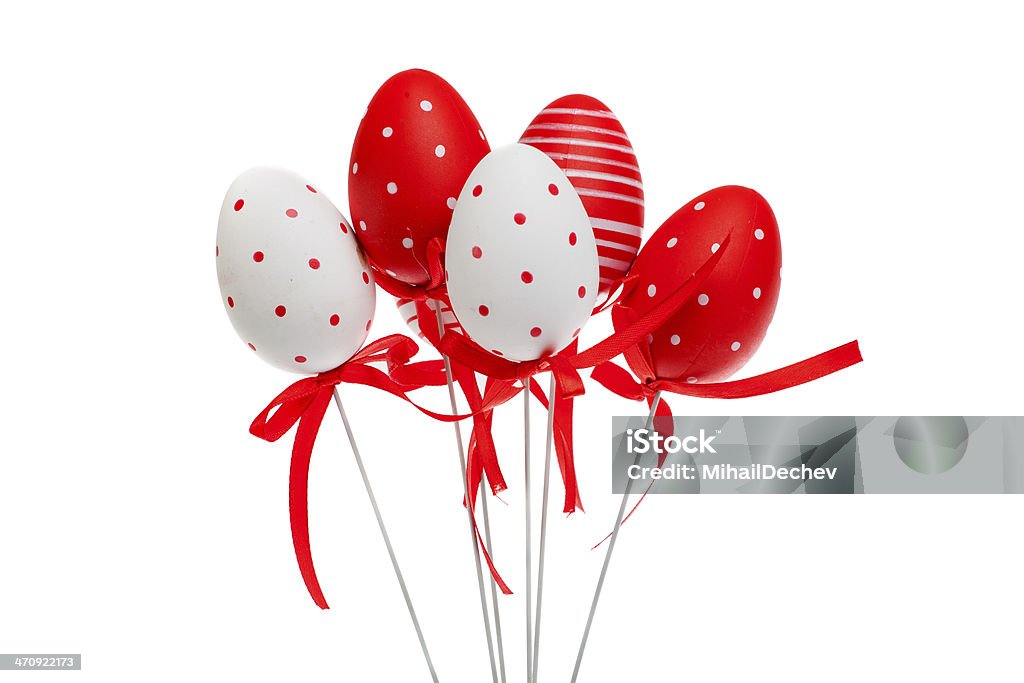 red and white decorative easter eggs with ribbons, isolated Branch - Plant Part Stock Photo