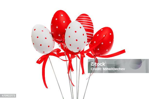 Red And White Decorative Easter Eggs With Ribbons Isolated Stock Photo - Download Image Now