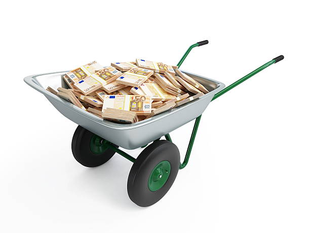 wheelbarrow full of money on a white background stock photo