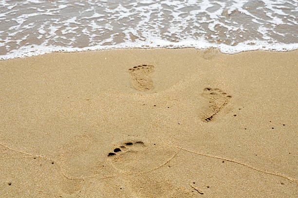 istock sea flow to foot printed on the beach 470926824