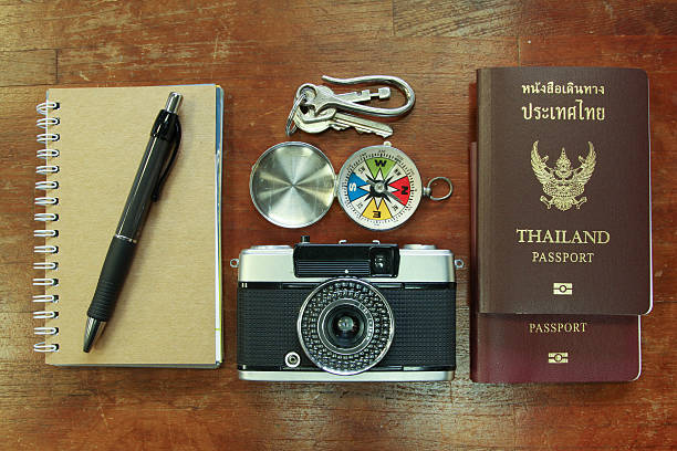 istock Outfit of traveler, Different objects on wooden background. 470928578
