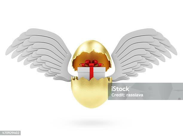 Broken Golden Egg With Gift Box And Angel White Wings Stock Photo - Download Image Now