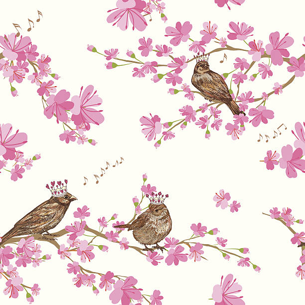 frühlings-kirschblüten mit sparrows-muster - silhouette backgrounds floral pattern vector stock-grafiken, -clipart, -cartoons und -symbole