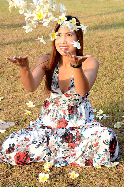 istock Woman flow white flowers 470930763