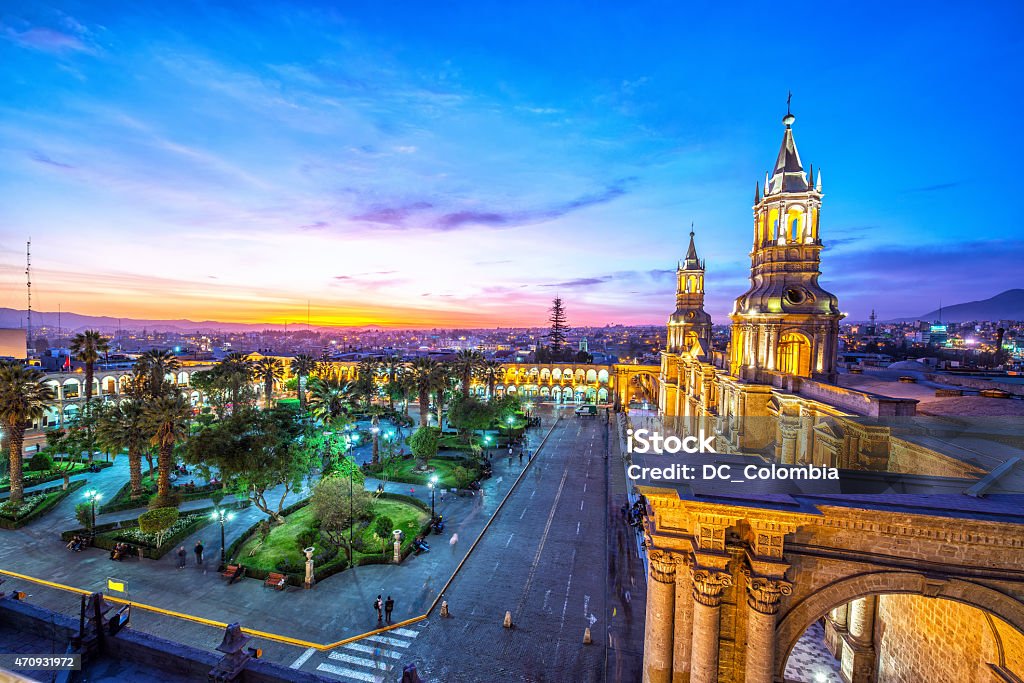 Arequipa Plaza at Night Night falling on the Plaza de Armas in the historic center of Arequipa, Peru Arequipa Region Stock Photo