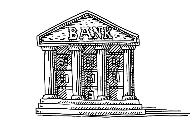 Old Bank Building Symbol Drawing Hand-drawn vector drawing of a Symbol of an Old Bank Building. Black-and-White sketch on a transparent background (.eps-file). Included files are EPS (v10) and Hi-Res JPG. bank financial building drawings stock illustrations