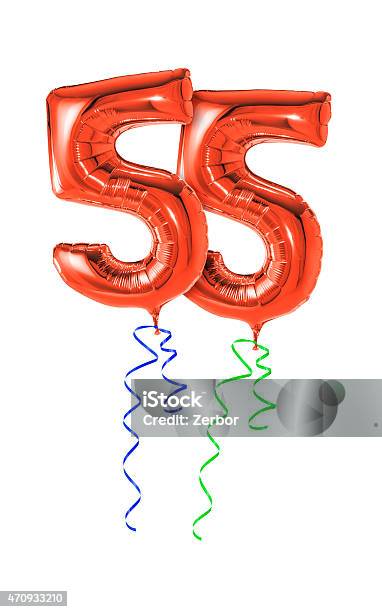 Red Balloons With Ribbon Number 55 Stock Photo - Download Image Now - 2015, 55-59 Years, Anniversary