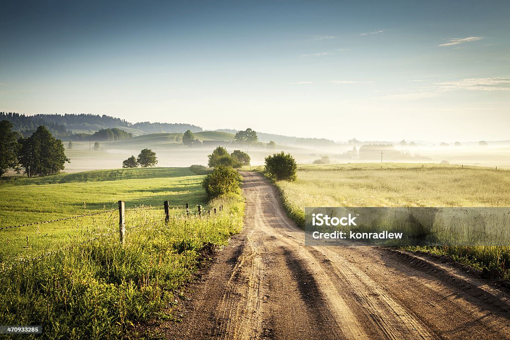 Mattina Strada di campagna attraverso il paesaggio paesaggio colorato di nebbia - Foto stock royalty-free di Strada