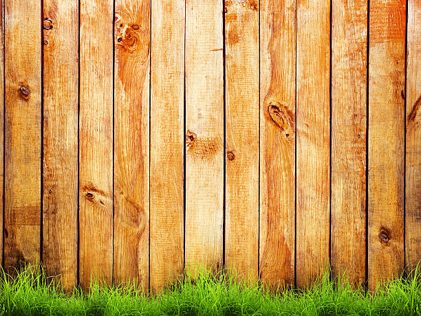 istock Green grass along the bottom of a wooden fence 470934607