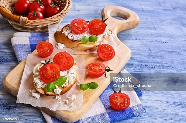 Sandwich With Cheese Tomato And Basil Stock Photo - Download Image Now - 2015, Appetizer, Basil