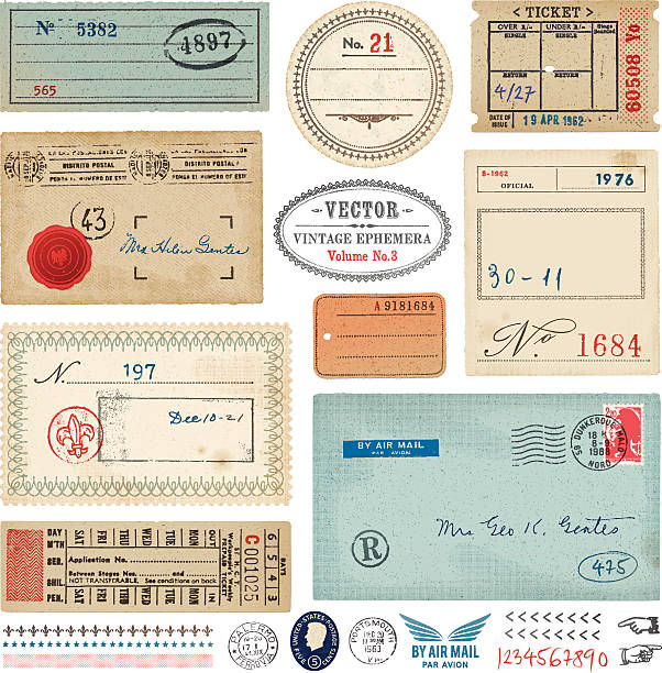 Vector Vintage Ephemera Set of vintage ephemera.Tickets, postage stamps,rubber stamps,labels,tags and envelope.EPS 10 file with transparencies.File is layered with global colors. rubber stamp illustrations stock illustrations