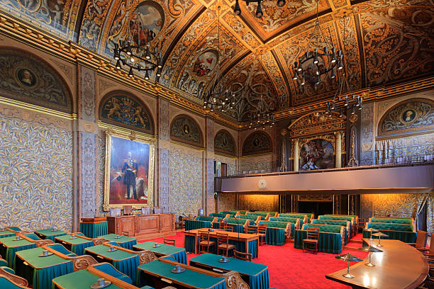 interior of the Dutch First Chamber The Hague, Netherlands - September 16, 2014: interior of the First Chamber (in Dutch: Eerste Kamer), also known as the Senate, the upper house of the States General, the legislature of the Netherlands. Its 75 members are elected by the members of the regional authorities of the twelve provinces every four years. The First Chamber is located on Binnehof in The Hague. binnenhof photos stock pictures, royalty-free photos & images