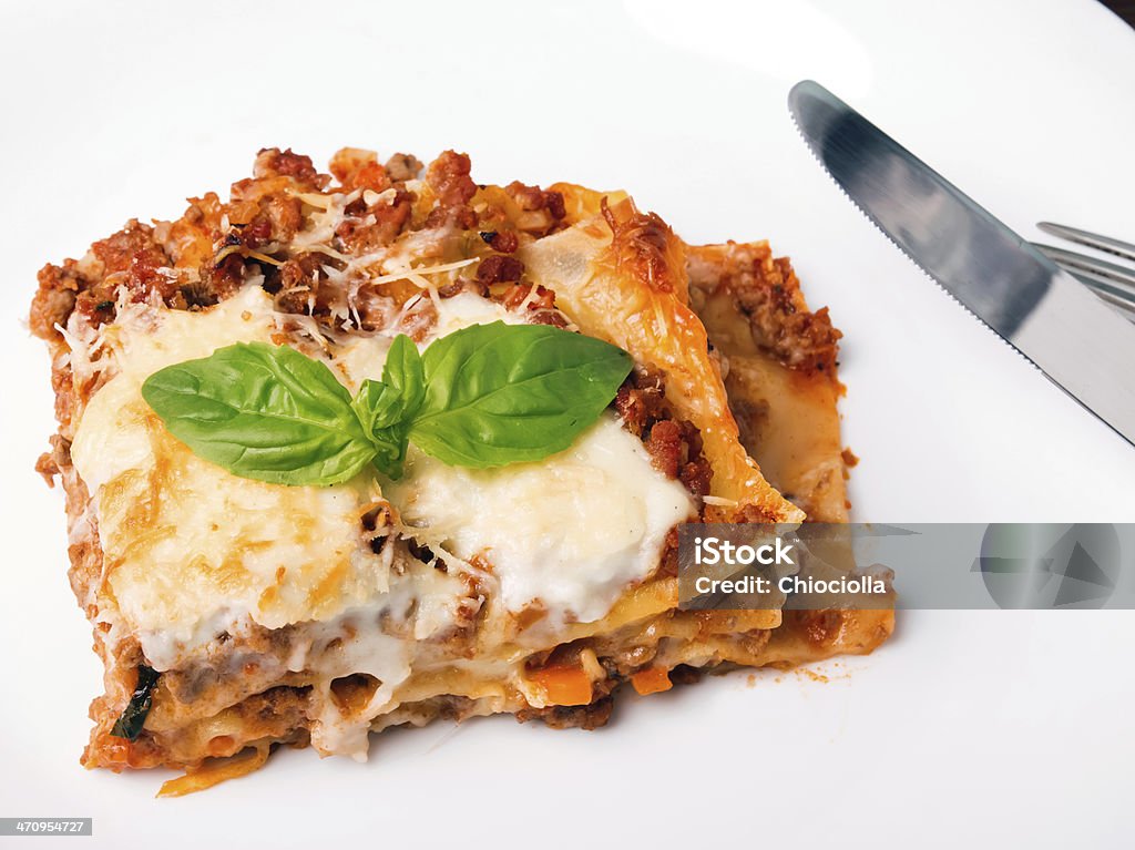 Tasty lasagna A portion of fresh cooked lasagna on the white plate close-up Baked Stock Photo