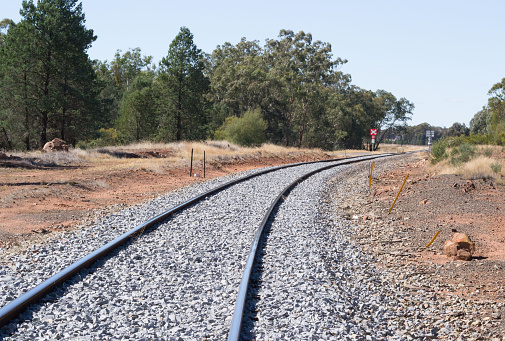 a railway line curves around a bend with a crossing and trees