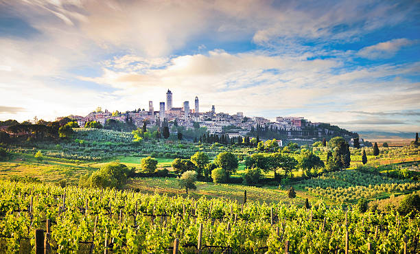 città medievale di san gimignano al tramonto, toscana, italia - san gimignano foto e immagini stock