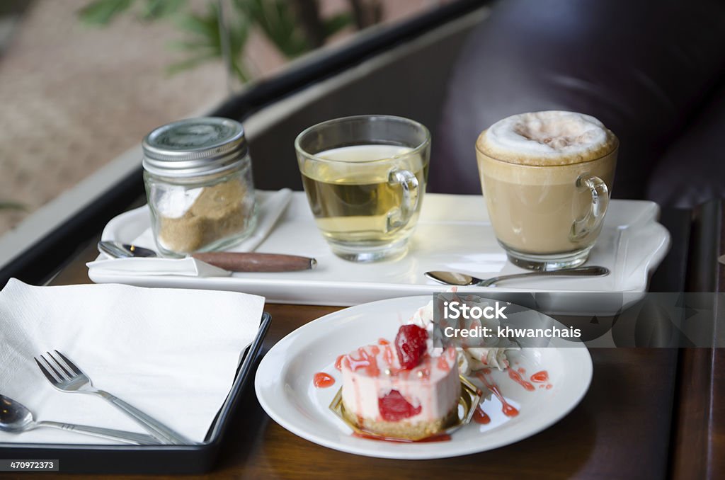 strawberry cheesecake and set of cappuchino Cake Stock Photo