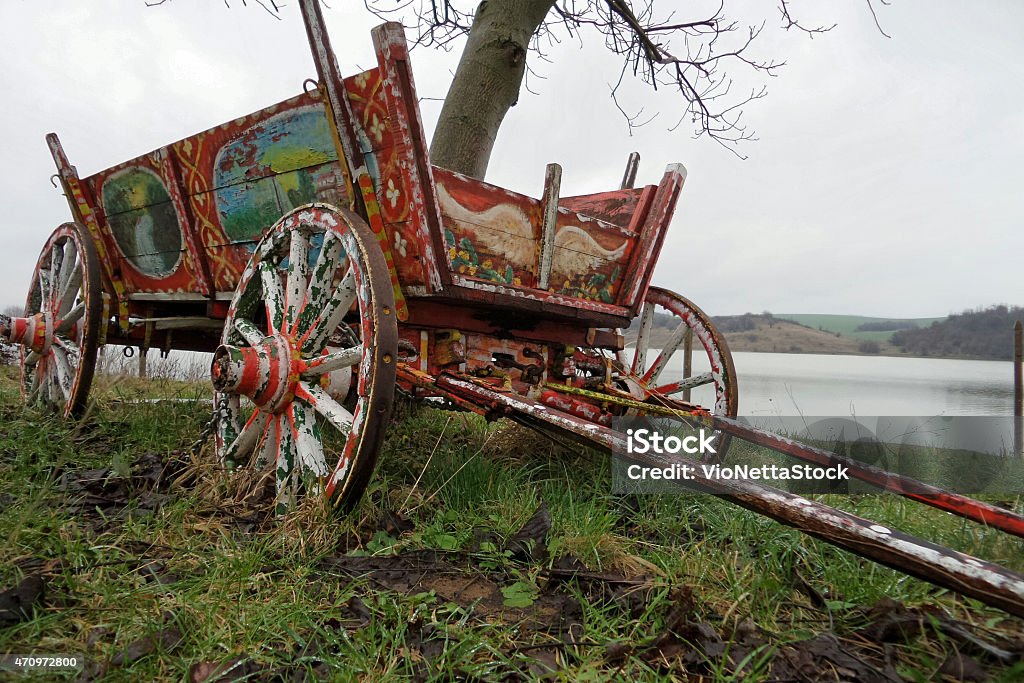 Old authentic wooden wagon Old ornamented wooden wagon abandoned next to a tree 2015 Stock Photo