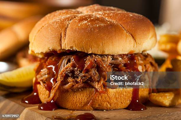 Barbeque Pulled Pork Sandwich Stock Photo - Download Image Now - Barbecue Grill, Pulled Pork, Barbecue - Meal