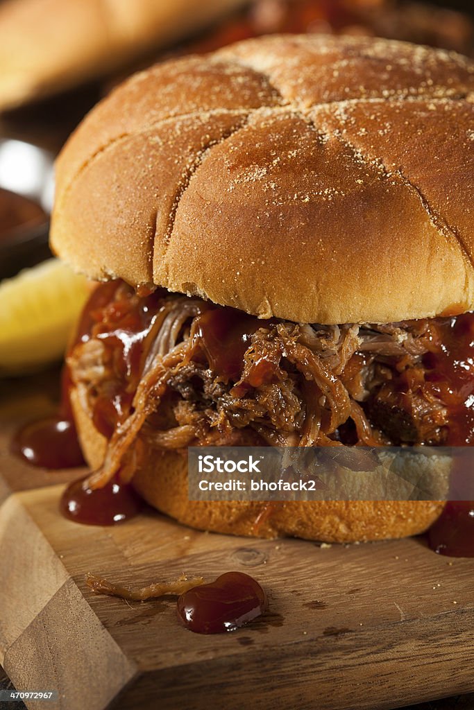 Barbeque Pulled Pork Sandwich Barbeque Pulled Pork Sandwich with BBQ Sauce and Fries Sandwich Stock Photo