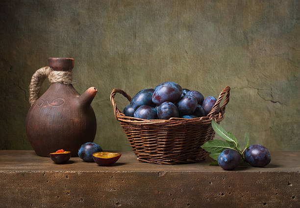 istock Still life with black plums in a basket 470974281