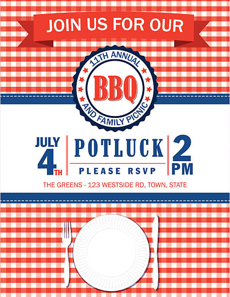 Family Picnic Invitation Template With Checked Tablecloth Checkered tablecloth with BBQQ invitation. There is a banner at the top to add text on. There is a round label for a date and a aper plate at he bottom with a fork and knife. Red, white and Blue family reunion stock illustrations
