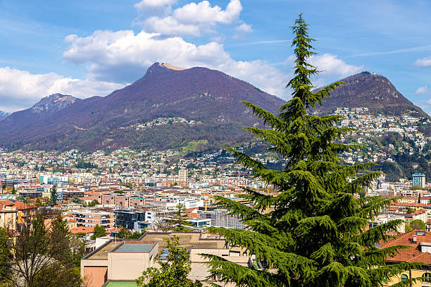 View of Lugano town in Swiss Alps View of Lugano town in Swiss Alps lawrence kansas stock pictures, royalty-free photos & images