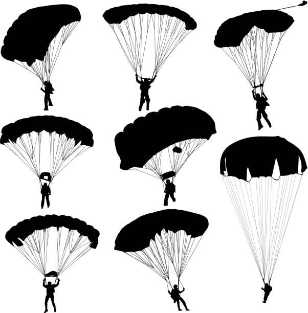 ilustrações de stock, clip art, desenhos animados e ícones de silhuetas paraquedismo - parachute parachuting skydiving silhouette