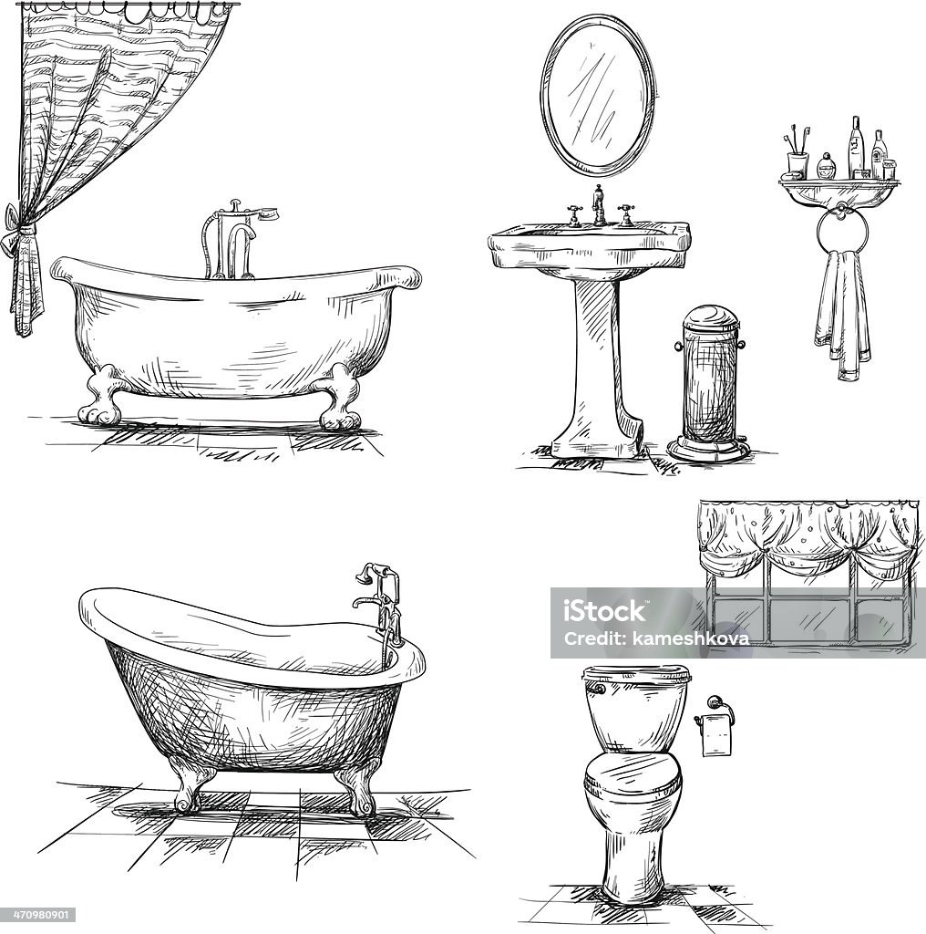 Bathroom interior elements. hand drawn. Bathroom interior elements. hand drawn. Bathtub, toilet bowl, sink. Vector Bathtub stock vector