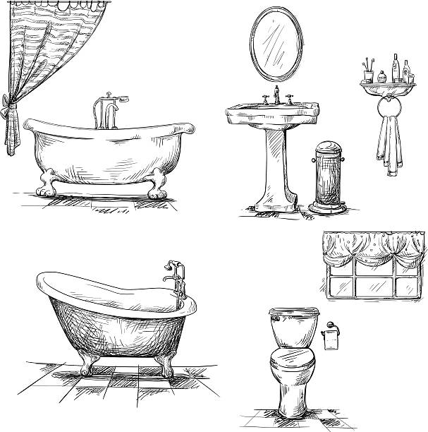Bathroom interior elements. hand drawn. Bathroom interior elements. hand drawn. Bathtub, toilet bowl, sink. Vector mirror object patterns stock illustrations
