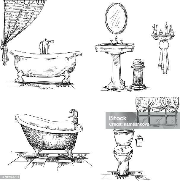 Bathroom Interior Elements Hand Drawn Stock Illustration - Download Image Now - Bathtub, Toilet, Sketch