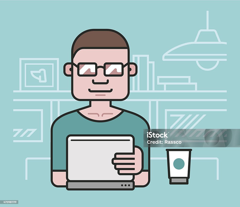 Man working at the laptop Vector illustration of a man dressed in a t-shirt, working in a studio with a cup of coffee near him and looking at the laptop monitor Adult stock vector